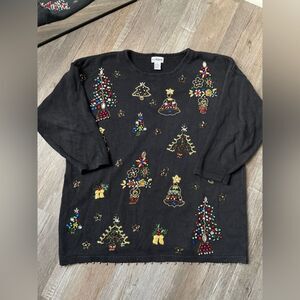 VTG VJ Woman Festive Christmas Sweater Black Colorful Embroidery Knit Size 2X